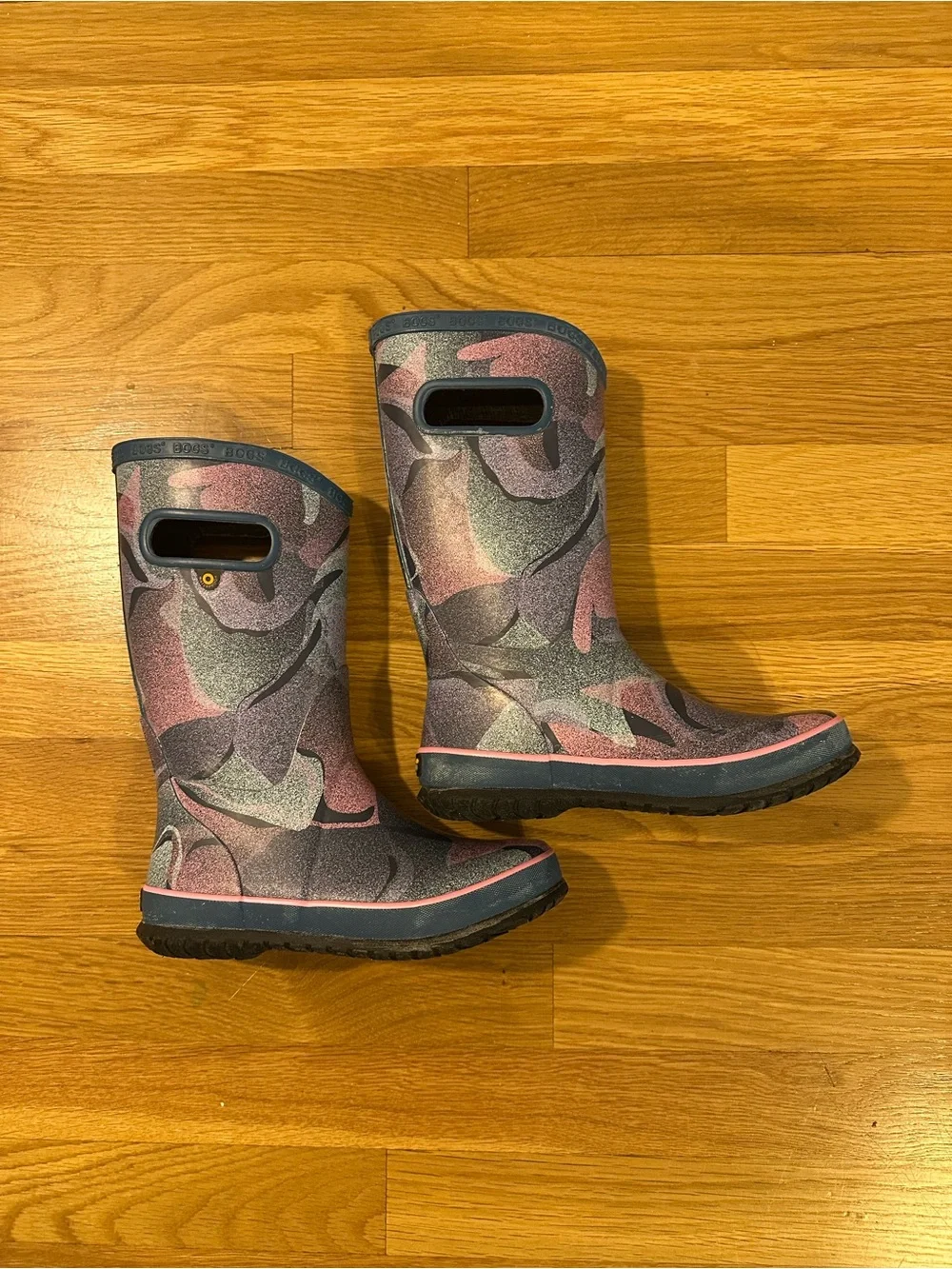 Bogs Kids Pink and Gray Abstract Camo Rain Boots
